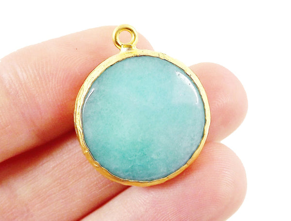 22mm Aqua Faceted Jade Pendant - 22k Gold plated Bezel - 1pc