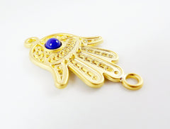Hand of Fatima Connector with Opaque Royal Blue Glass Accent - 22k Matte Gold Plated - 1PC