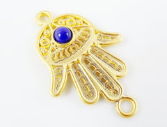 Hand of Fatima Connector with Opaque Royal Blue Glass Accent - 22k Matte Gold Plated - 1PC