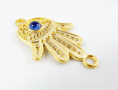 Hand of Fatima Connector with Translucent Blue Glass Accent - 22k Matte Gold Plated - 1PC