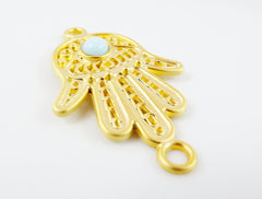 Hand of Fatima Connector with Opaque Pale Blue Glass Accent - 22k Matte Gold Plated - 1PC
