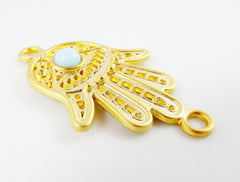 Hand of Fatima Connector with Opaque Pale Blue Glass Accent - 22k Matte Gold Plated - 1PC
