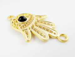 Hand of Fatima Connector with Opaque Black Glass Accent - 22k Matte Gold Plated - 1PC