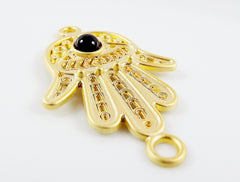 Hand of Fatima Connector with Opaque Black Glass Accent - 22k Matte Gold Plated - 1PC