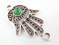 Hand of Fatima Connector with Green Glass Accent - Matte Silver Plated - 1pc