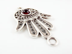 Hand of Fatima Connector with Red Glass Accent - Matte Silver Plated - 1pc