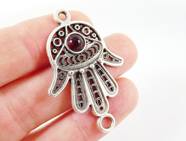 Hand of Fatima Connector with Red Glass Accent - Matte Silver Plated - 1pc