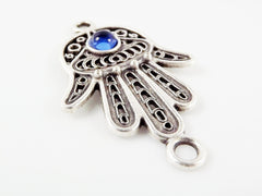 Hand of Fatima Connector with Translucent Blue Glass Accent - Matte Silver Plated - 1pc