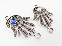 Hand of Fatima Connector with Translucent Blue Glass Accent - Matte Silver Plated - 1pc
