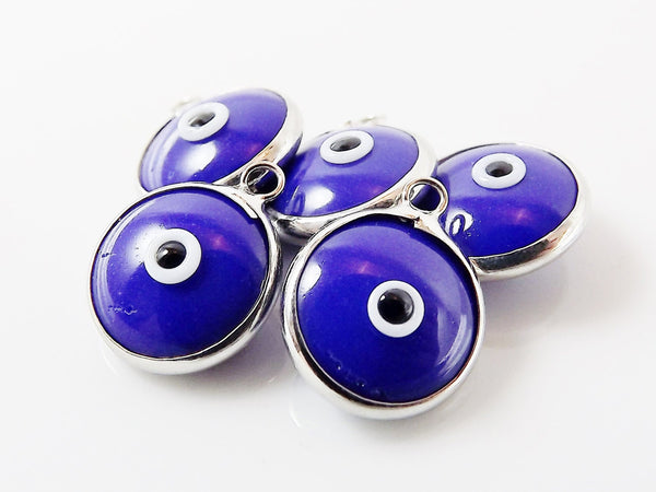 5 Opaque Navy Blue Evil Eye Nazar Artisan Glass Bead Charms - Silver Plated Brass Bezel - GCM112