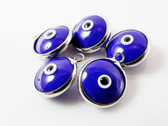 5 Opaque Navy Blue Evil Eye Nazar Artisan Glass Bead Charms - Silver Plated Brass Bezel - GCM112