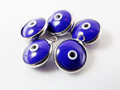 5 Opaque Navy Blue Evil Eye Nazar Artisan Glass Bead Charms - Silver Plated Brass Bezel - GCM112