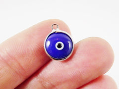 5 Opaque Navy Blue Evil Eye Nazar Artisan Glass Bead Charms - Silver Plated Brass Bezel - GCM112