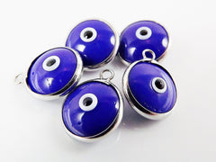 5 Opaque Navy Blue Evil Eye Nazar Artisan Glass Bead Charms - Silver Plated Brass Bezel - GCM112