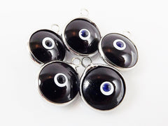 5 Opaque Black Evil Eye Nazar Artisan Glass Bead Charms - Silver Plated Brass Bezel - GCM112