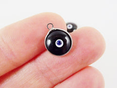 5 Opaque Black Evil Eye Nazar Artisan Glass Bead Charms - Silver Plated Brass Bezel - GCM112