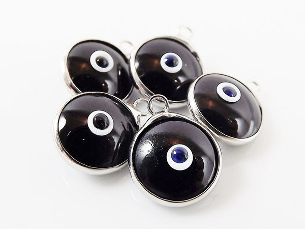 5 Opaque Black Evil Eye Nazar Artisan Glass Bead Charms - Silver Plated Brass Bezel - GCM112