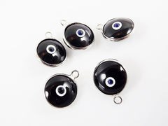 5 Opaque Black Evil Eye Nazar Artisan Glass Bead Charms - Silver Plated Brass Bezel - GCM112