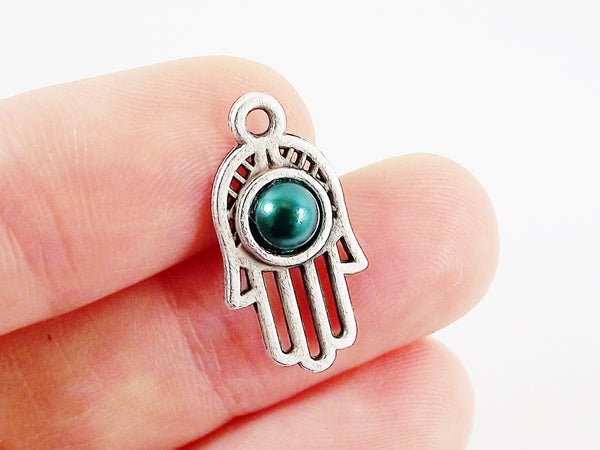 3 Small Ornate Hamsa Hand of Fatima Charms - Teal Green Pearl Bead - Matte Silver Plated