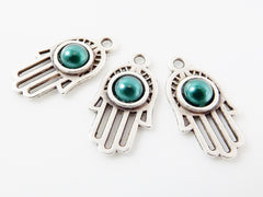 3 Small Ornate Hamsa Hand of Fatima Charms - Teal Green Pearl Bead - Matte Silver Plated