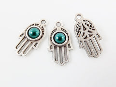 3 Small Ornate Hamsa Hand of Fatima Charms - Teal Green Pearl Bead - Matte Silver Plated