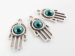 3 Small Ornate Hamsa Hand of Fatima Charms - Teal Green Pearl Bead - Matte Silver Plated