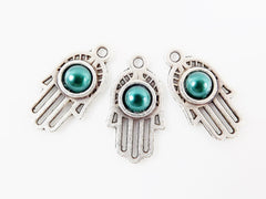 3 Small Ornate Hamsa Hand of Fatima Charms - Teal Green Pearl Bead - Matte Silver Plated