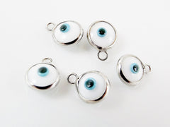 5 Mini White Evil Eye Nazar Artisan Glass Bead Charms - Silver Plated  Brass Bezel