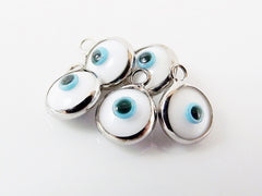 5 Mini White Evil Eye Nazar Artisan Glass Bead Charms - Silver Plated  Brass Bezel