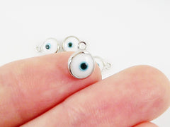 5 Mini White Evil Eye Nazar Artisan Glass Bead Charms - Silver Plated  Brass Bezel