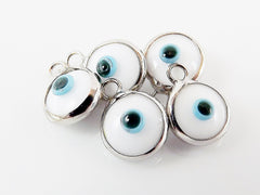 5 Mini White Evil Eye Nazar Artisan Glass Bead Charms - Silver Plated  Brass Bezel