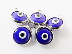 5 Mini Opaque Navy Blue Evil Eye Nazar Artisan Glass Bead Charms - Silver Plated  Brass Bezel