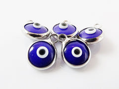 5 Mini Opaque Navy Blue Evil Eye Nazar Artisan Glass Bead Charms - Silver Plated  Brass Bezel