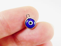 5 Mini Opaque Navy Blue Evil Eye Nazar Artisan Glass Bead Charms - Silver Plated  Brass Bezel