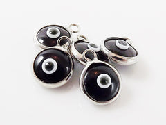 5 Mini Black Evil Eye Nazar Artisan Glass Bead Charms - Silver Plated  Brass Bezel