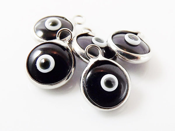 5 Mini Black Evil Eye Nazar Artisan Glass Bead Charms - Silver Plated  Brass Bezel