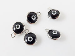 5 Mini Black Evil Eye Nazar Artisan Glass Bead Charms - Silver Plated  Brass Bezel