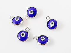 5 Mini Opaque Navy Blue Evil Eye Nazar Artisan Glass Bead Charms - Silver Plated  Brass Bezel