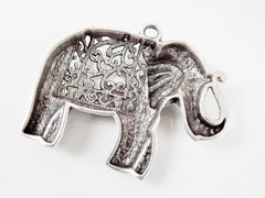 Large Ethnic Elephant Pendant - Matte Silver Plated - 1PC