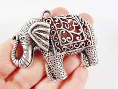 Large Ethnic Elephant Pendant - Matte Silver Plated - 1PC