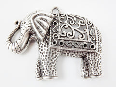 Large Ethnic Elephant Pendant - Matte Silver Plated - 1PC