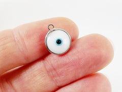 5 White Evil Eye Nazar Artisan Glass Bead Charms - Silver Plated Brass Bezel - GCM112