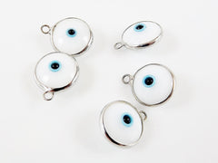 5 White Evil Eye Nazar Artisan Glass Bead Charms - Silver Plated Brass Bezel - GCM112