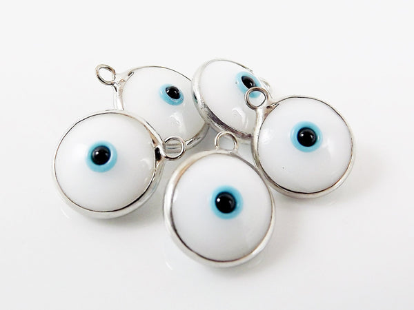 5 White Evil Eye Nazar Artisan Glass Bead Charms - Silver Plated Brass Bezel - GCM112