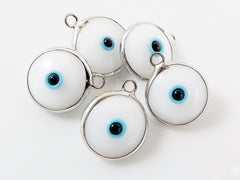 5 White Evil Eye Nazar Artisan Glass Bead Charms - Silver Plated Brass Bezel - GCM112