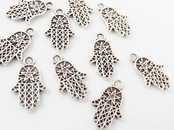 10 Mini Star Hamsa Hand of Fatima Charms - Matte Silver Plated