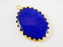 Large Oval Royal Blue Jade Pendant - Serrated Border - 22k Matte Gold Plated 1pc