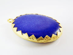 Large Oval Royal Blue Jade Pendant - Serrated Border - 22k Matte Gold Plated 1pc