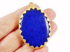 Large Oval Royal Blue Jade Pendant - Serrated Border - 22k Matte Gold Plated 1pc