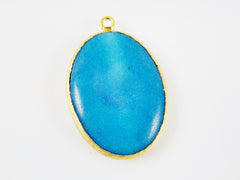 Large Oval Cyanl Blue Jade Pendant - Serrated Border - 22k Matte Gold Plated 1pc